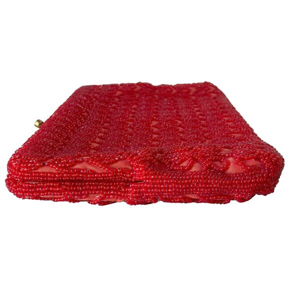 Vintage 60s Ruby Red Beaded Clutch | Rhinestone Kiss Lock Evening Bag - Picture 5 of 8